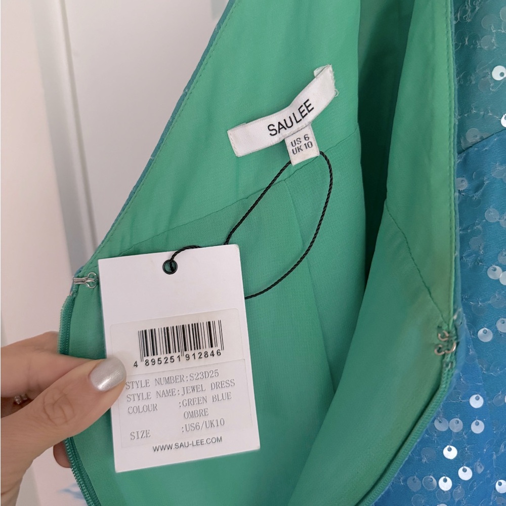 SAU Lee Jewel Ombré Feather Trimmed Halter Mini Dress Green Blue NEW with tag - Picture 7 of 13